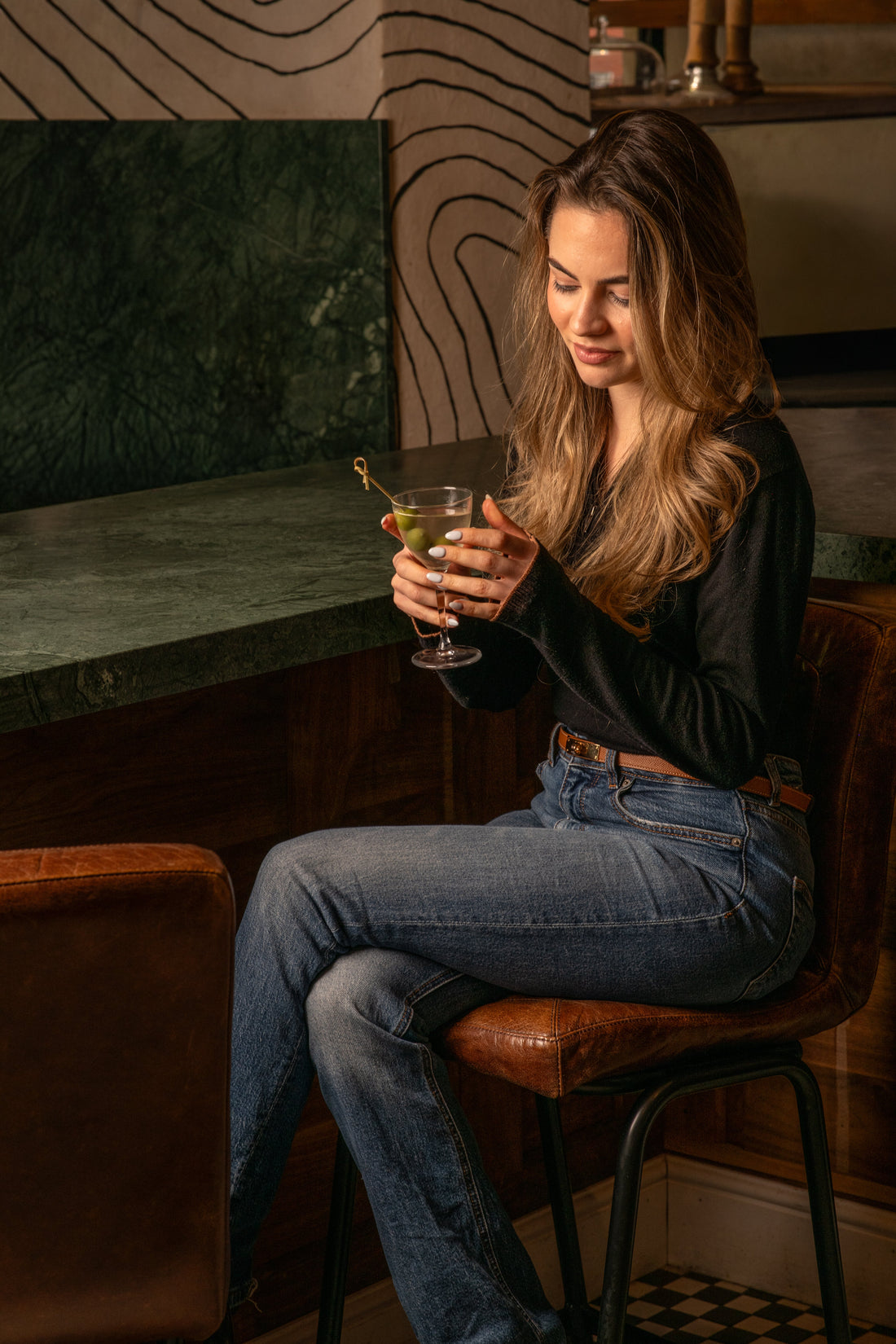 A martini served at the green marble bar at Fiena, King's Cross